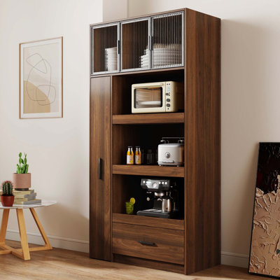 70.87" Tall Kitchen Pantry Cabinet with multi-functional pull-out multi-tier storage shelf, 1 Drawers,with Aluminum frame glass door,Freestanding Food by Latitude Run