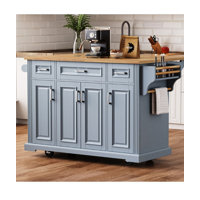 Large Kitchen Island with Rubber Wood Drop Leaf - Embossed Texture Rolling Cart (4 Wheels), 4 Doors & 3 Drawers for Kitchen/Dining Room by One Allium Way