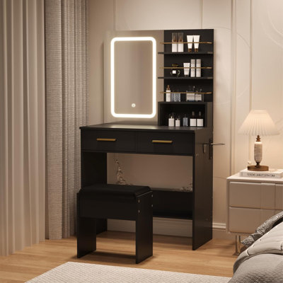 Modern Makeup Vanity Table with LED Lights, Sliding Mirror, 4 Drawers, Stool, Power Outlet, and Open Shelves – Bedroom Dressing Table with Adjustable by Wrought Studio