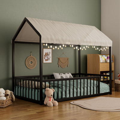 Montessori Style Metal Floor Bed Frame, House Shaped with Fence for Kids, Easy Assemble, No Slats by Ebern Designs