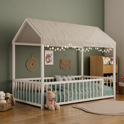 Montessori Style Metal Floor Bed Frame, House Shaped with Fence for Kids, Easy Assemble, No Slats by Ebern Designs