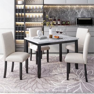 5-Piece Dining Set Table With 4 Thicken Cushion Dining Chairs Home Furniture, White+Black by Latitude Run
