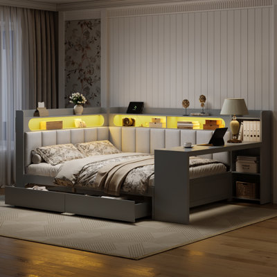 Full Size Daybed With Storage Shelves – Elegant Upholstered Headboard And Backrest With Drawers, Charging Station, LED Light, And Built-In Desk by Brayden Studio