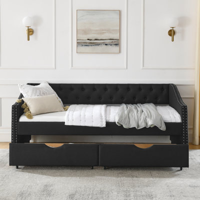 Twin Size Daybed with Drawers Upholstered Tufted Sofa Bed, with Button on Back and Copper Nail on Waved Shape Arms by House of Hampton