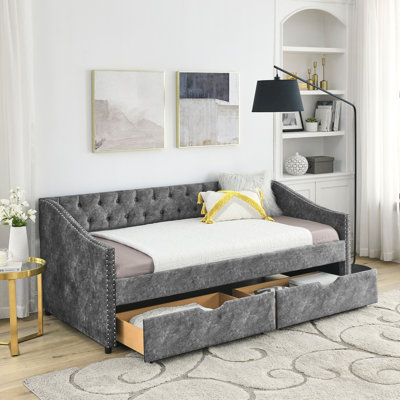 Twin Size Daybed with Drawers Upholstered Tufted Sofa Bed, with Button on Back and Copper Nail on Waved Shape Arms by House of Hampton