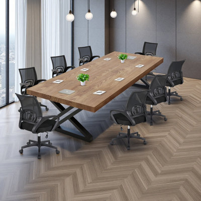 Modern industrial style walnut-colored solid wood conference table set, 8 black mesh swivel chairs by Inbox Zero