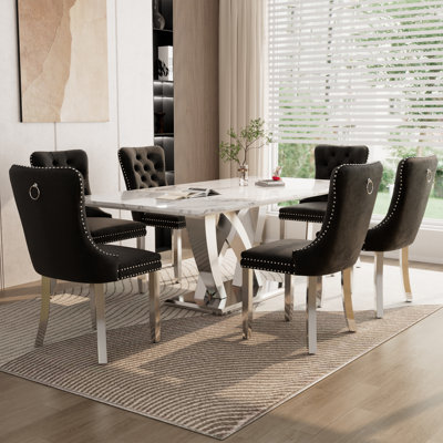 70" Faux Marble Dining Table Set for 6, with 6 Upholstered Chairs by Rosdorf Park