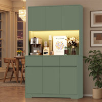 Green & Blue Freestanding Pantry Cabinet With Charging Station - Adjustable Shelves, LED Light, 3 Drawers Storage Organizer For Kitchen