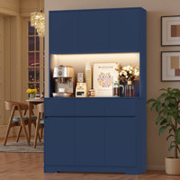 Green & Blue Freestanding Pantry Cabinet With Charging Station - Adjustable Shelves, LED Light, 3 Drawers Storage Organizer For Kitchen by Wrought Studio