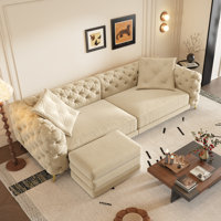 97.7" King-Size Pull-Out Sleeper Sofa Deep Seat Convertible Sofa Bed 4-Seater Chesterfield Couch With Movable Ottoman by House of Hampton