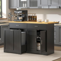 55.1" Kitchen Island with Power Outlet & Drop Leaf, Rolling Kitchen Carts with Trash Storage Cabinet by Winston Porter