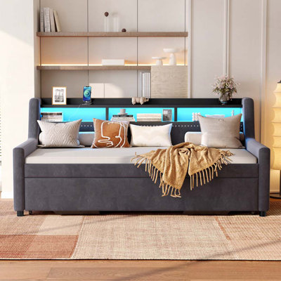 Velvet Upholstered Daybed with Trundle,LED Light & Charging Station by Ivy Bronx