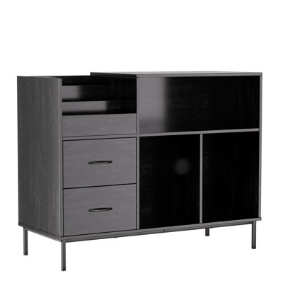 Media Console Record Player Stand With Power Outlet Flip Down Lid Storage For 300 Vinyls 2 Drawers by George Oliver