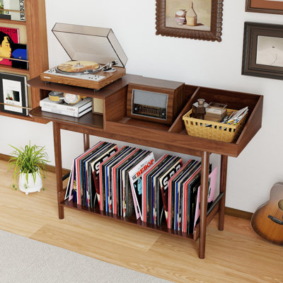 Large Record Player Stand, Vinyl Record Storage With Fluted Sliding Door, Media Turntable Stand, Stereo Cabinet With Door by George Oliver