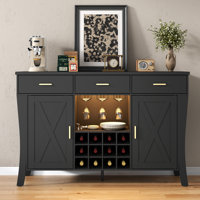 Wine Bar Cabinet With Led Light,farmhous Liquor Cabinet With Wine And Glass Rack,black Coffee Station With Storage Cabinet And 3 Drawers,buffet Sidebo
