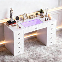 Vanity Makeup Desk With Clear Glass Top Built-In RGB Light Strips 11 Drawers And Diamond Handles by Ivy Bronx