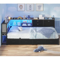 Twin Daybed With Charging Station, Corner Bed Frame With Led Lights 8 Storage Drawers And Bookcase, Black by Ivy Bronx