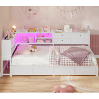 Twin Daybed With Charging Station, Corner Bed Frame With Led Lights 8 Storage Drawers And Bookcase, Black by Ivy Bronx
