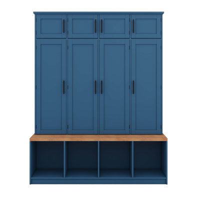 Farmhouse Hall Tree With 4 Hidden Hanging Hooks, Versatile Walnut Seating Bench With 8 Doors, Entryway Shoe Cabinet With Open Compartments by One Allium Way