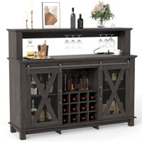 55" Farmhouse Bar Cabinet, Wine Coffee Bar Cabinet With Led Lights And Sliding Barn Door, Home Bar With Wine Racks And Glass Holder by Ophelia & Co.