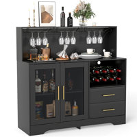 Modern Wine Bar Cabinet With Led Lights, Coffee Bar With Wine Racks And Glass Holder, Charging Station by Ivy Bronx