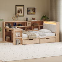 Full Size L-shaped Wooden Daybed with Desk and Storage Bookcase, Corner Bed with Upholstered Headboard and Under-bed Drawers and LED Light for for Bed by Corrigan Studio