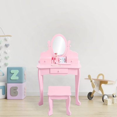 Kids Vanity Set with Mirror & Stool, Wooden Makeup Dressing Table with Drawers, Pretend Play Beauty Set by Gemma Violet