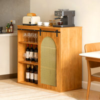 43" Farmhouse Brown Wood Bar Cabinet With Storage For 101 Can Mini Fridge Sideboard Buffet Storage Cabinet With Adjustable Shelves And Rattan Sliding