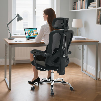 Ergonomic Mesh Office Chair with Footrest - High-Back Swivel Desk Chair with Headrest & Adjustable Lumbar Support for, Office, Gaming (Black)
