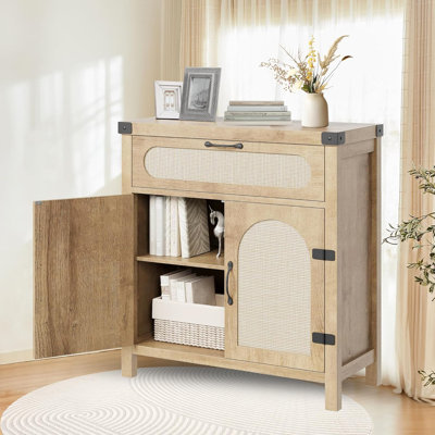Natural Rattan Sideboard with Adjustable Shelves, 30-inch Farmhouse Kitchen Buffet Cabinet with Doors and Drawer for Dining and Living Room Storage by Bay Isle Home