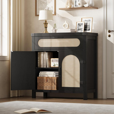Natural Rattan Sideboard with Adjustable Shelves, 30-inch Farmhouse Kitchen Buffet Cabinet with Doors and Drawer for Dining and Living Room Storage by Bay Isle Home