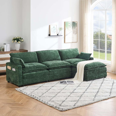 Chenille 113-Inch Modular Combo Sofa, Modern 3-Seater L-Shaped Sofa with Ottoman, 2 Cushions, Side Pockets, Oversized Faux Fur Upholstered Sofa for Li by Latitude Run