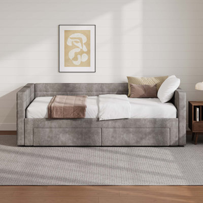 Twin Size Upholstered Extendable Daybed Frame with Trundle,Space-Saving Twin to King Design,Chenille Fabric Sofa Bed with Storage Drawers for Living R by Latitude Run