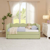 Cozy Gingham Daybed with Trundle,Sofa Bed No Box Spring Needed,with USB Port and Adorable Wave Shaped,Linen Fabric by Lark Manor