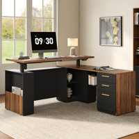 Latisha 63" W L-Shaped Electric Height Adjustable Standing Desk With 3 Drawers File Cabinet, Privacy Panel, AC/USB , Sit-Stand Home Office Corner Desk by Hokku Designs