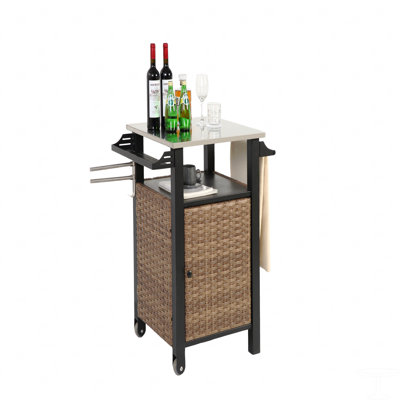 Single Door Bar Cart,Outdoor Kitchen Wicker Island Rolling Cart & Storage Cabinet, Wheels And Stainless Steel Extended Table Top, Side Handle by Latitude Run