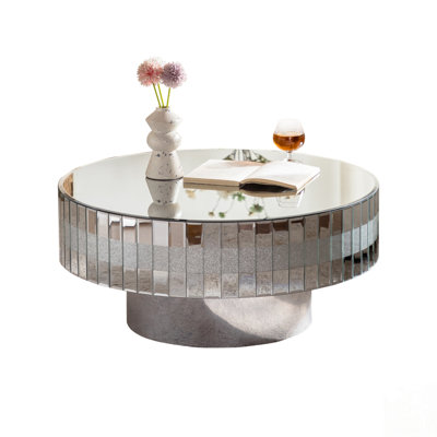 Luxury Round Mirrored Coffee Table with Crushed Diamond Accents and Silver Crystal Edge, Perfect for Modern Glam Living Rooms by Mercer41
