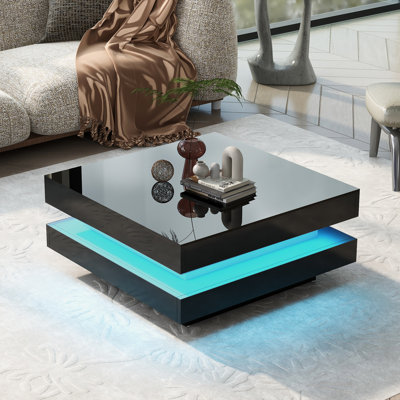 High Gloss Black LED Coffee Table – 2-Tier Square Center Table With 16-Color Lights For Living Room, Modern Sofa Area by Ivy Bronx