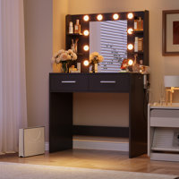 31.5" Makeup Vanity With 3-color Led Mirror, Power Outlet, Hair Dryer Holder, 2 Drawers, Optional Stool by Ebern Designs