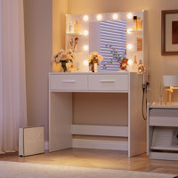 31.5" Makeup Vanity With 3-color Led Mirror, Power Outlet, Hair Dryer Holder, 2 Drawers, Optional Stool by Ebern Designs
