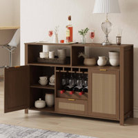 51" Rattan Buffet Cabinet with Removable Wine Rack & Glass Holders, Boho Farmhouse Storage Sideboard for Kitchen Dining Room Entryway, Natural