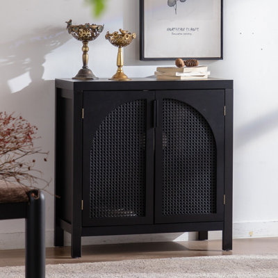 Black Accent Cabinet with Doors, Rattan Sideboard Buffet Cabinets with Storage, Adjustable Shelf, 29 Inch Narrow Credenzas Storage Cabinet for Living by Ebern Designs