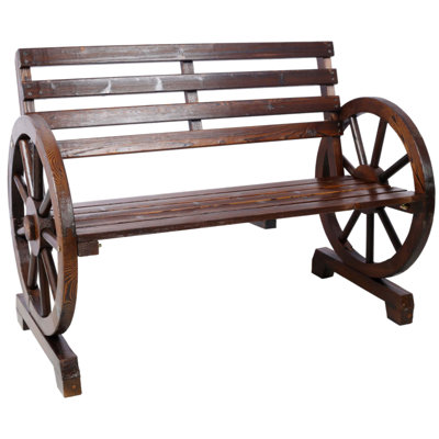 2-Person Wooden Wagon Wheel Bench for Outdoor Use, Rustic Country Design with Slatted Seat and Backrest by Millwood Pines