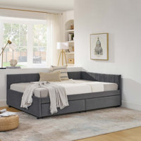 Upholstered Tufted Bed Frame with Two Drawers, Sofa Bed Frame with Comfortable Backrest and Armrests by Everly Quinn