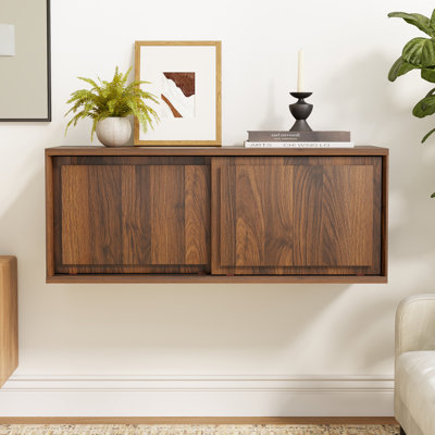 Floating TV Stand, Wall Mounted Cabinet With Sliding Doors For Living Room, Modern Handless Nightstands Bedside Table For Bedroom by Ebern Designs