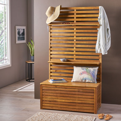 Outdoor Storage Bench with Back Rack, Patio Deck Box with Shelves for Garden or Porch, Teak by Red Barrel Studio