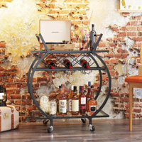 Bar Trolley 2 Tier Rolling Home Service Trolley With Wine Rack And Wheels, Modern Metal Round Wine Trolley, Industrial Mobile Storage Kitchen Trolley by Mercer41
