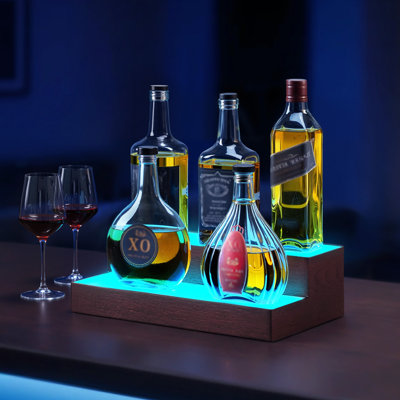 LED Lighted Liquor Bottle Display, 2-Tier Whiskey Rack, Support USB, Illuminated Home Bar Shelf with RF Remote & App Control, 7 Static Colors, Acrylic by Wrought Studio