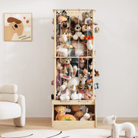 Solid Wood 2-in-1 Stuffed Animal Storage With Sturdy Cube Base & Elastic Rope, Space-saving Toy Storage For Playroom, Nursery Or Bedroom