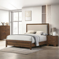 Luxurious Brown Cherry Finish King Size Bed With Tufted Upholstered Headboard And Elegant Nailhead Trim For A Stylish Bedroom by Lark Manor